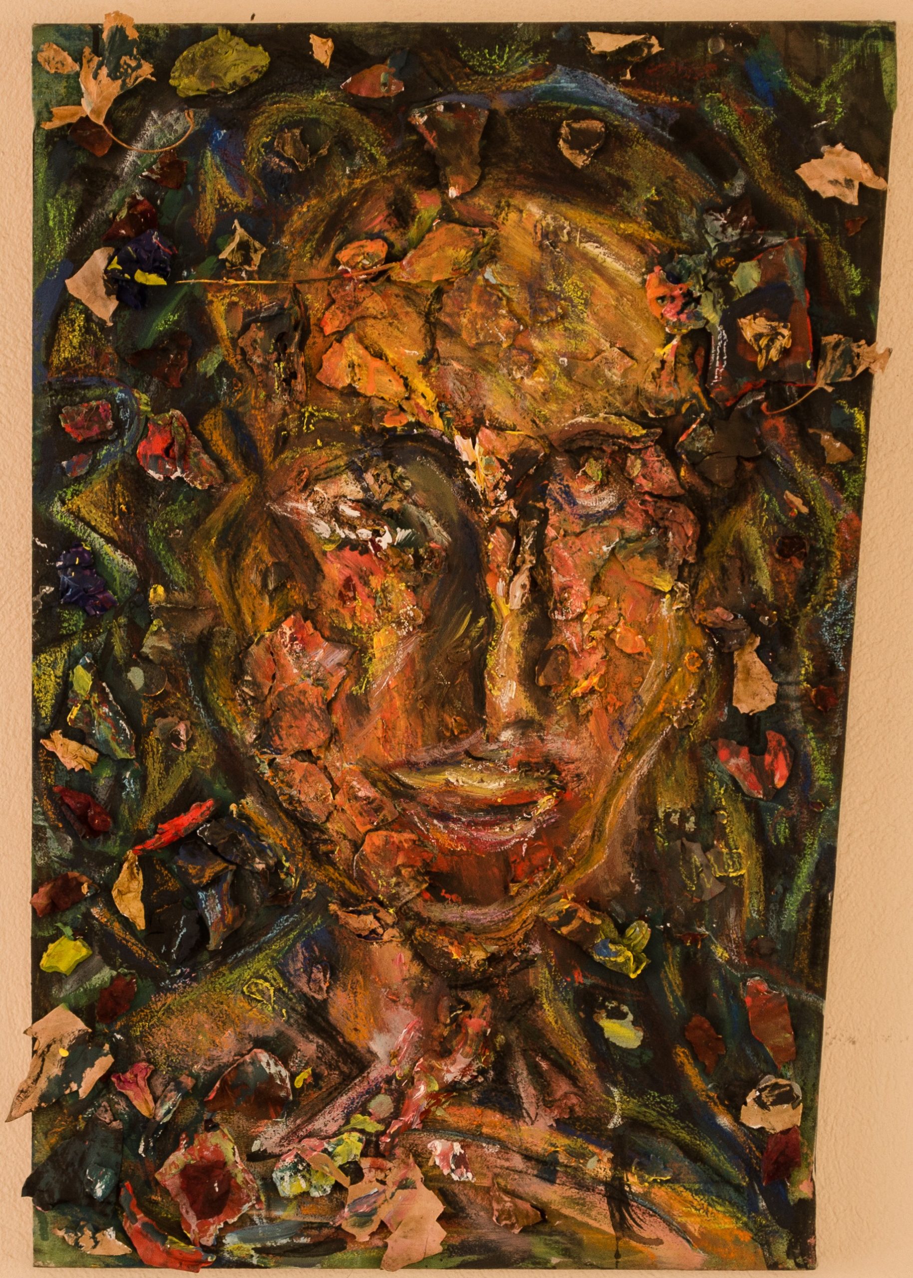 portaitr.collage with parched pieces ofplastic colours and leaves,45x65cm (2)